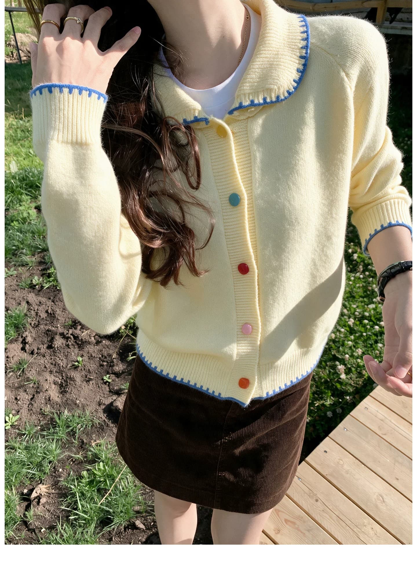 한 부서 우유 황색 색상 버클 니트 오픈 가디건 여성 가을 베이비 칼라 레이스 스웨터 연령 감소 달콤함 맨위 상세 이미지 3