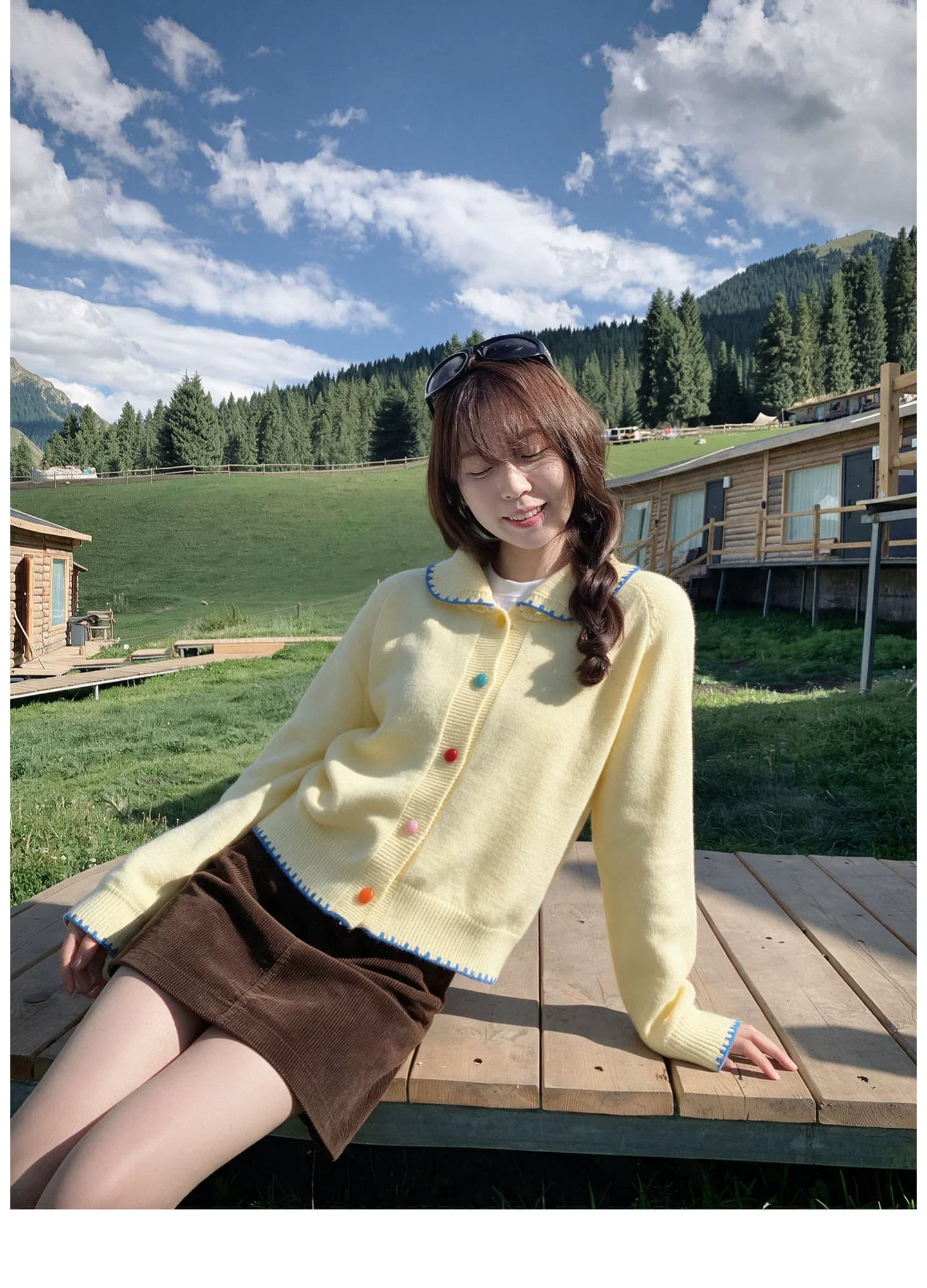 한 부서 우유 황색 색상 버클 니트 오픈 가디건 여성 가을 베이비 칼라 레이스 스웨터 연령 감소 달콤함 맨위 상세 이미지 4