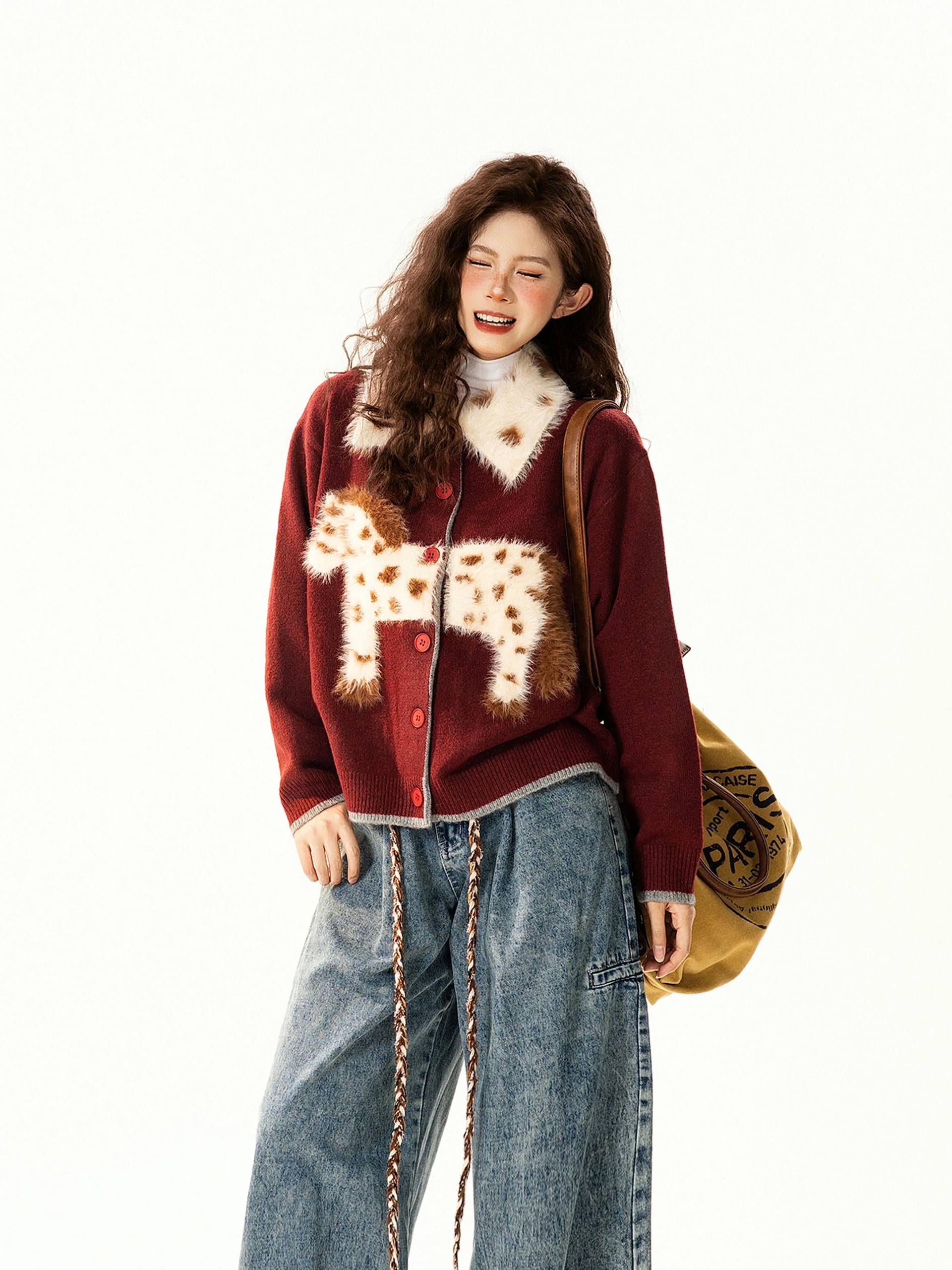 신년 분위기 센스 작은 말 자카드 빨간색 스웨터 오픈 가디건 여성 루즈핏 느긋한 다용도 니트 재킷 상세 이미지 5
