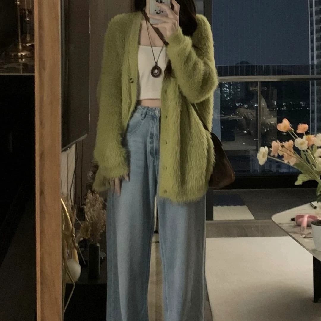 녹색 수달 털 오픈 가디건 스웨터 여자 가을 겨울 2026 새로운 부드러운 찹쌀 찹쌀 우유 부서 부드러운 느긋한 바람 두꺼운 재킷 이미지 5