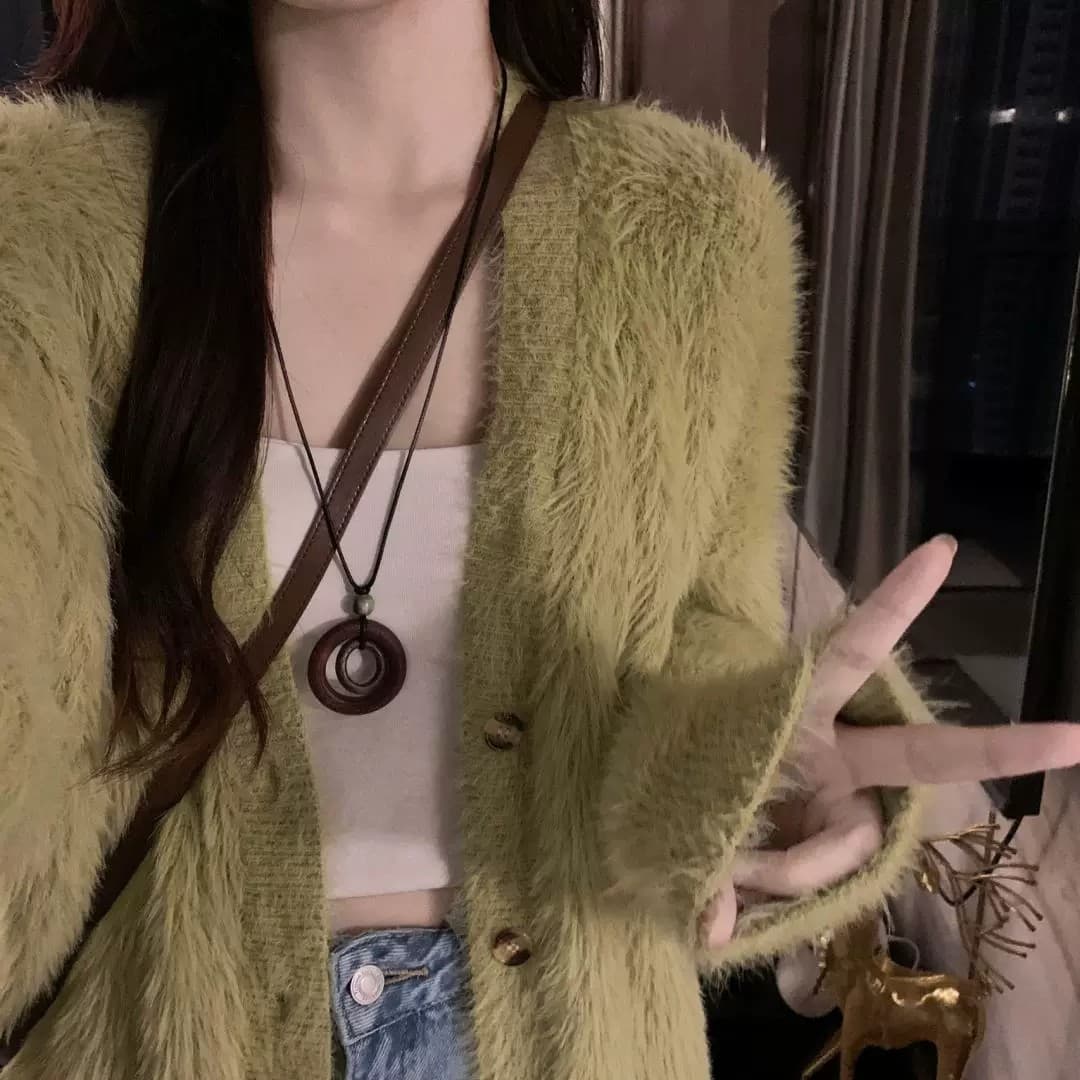 녹색 수달 털 오픈 가디건 스웨터 여자 가을 겨울 2026 새로운 부드러운 찹쌀 찹쌀 우유 부서 부드러운 느긋한 바람 두꺼운 재킷 상세 이미지 6