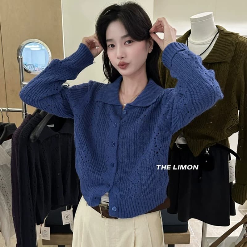 한 부서 회색 POLO 칼라 부드러운 찹쌀 홀로우 아웃 니트 오픈 가디건 여성 가을 폴로 칼라 긴팔 스웨터 코트 쇼트 스타일 맨위 이미지 6