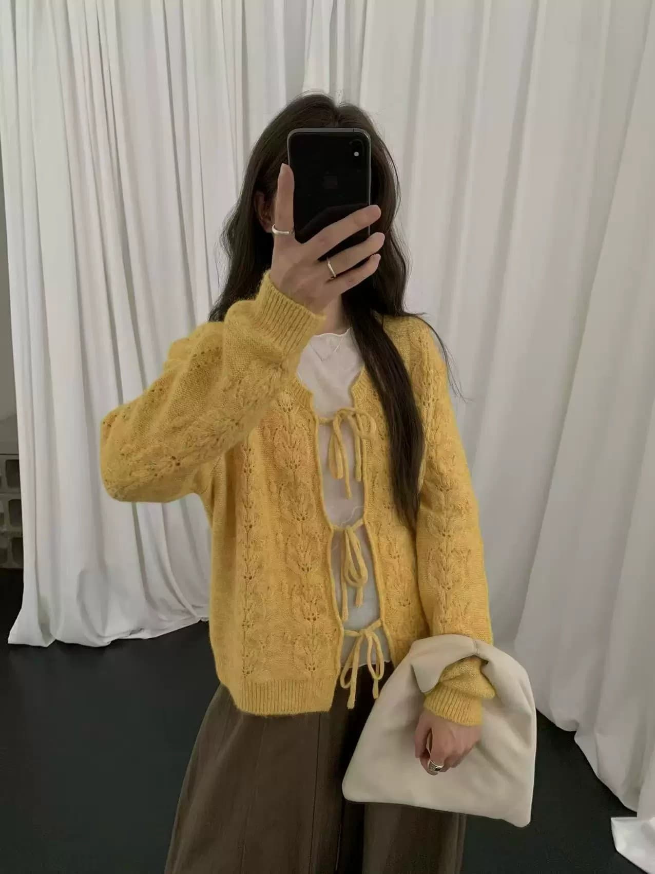 부드러운 V넥 긴팔 느긋한 바람 부드러운 찹쌀 스웨터 여자 홀로우 아웃 레이스업 오픈 가디건 니트 스웨터 작은 대중 디자인 센스 맨위 상세 이미지 7