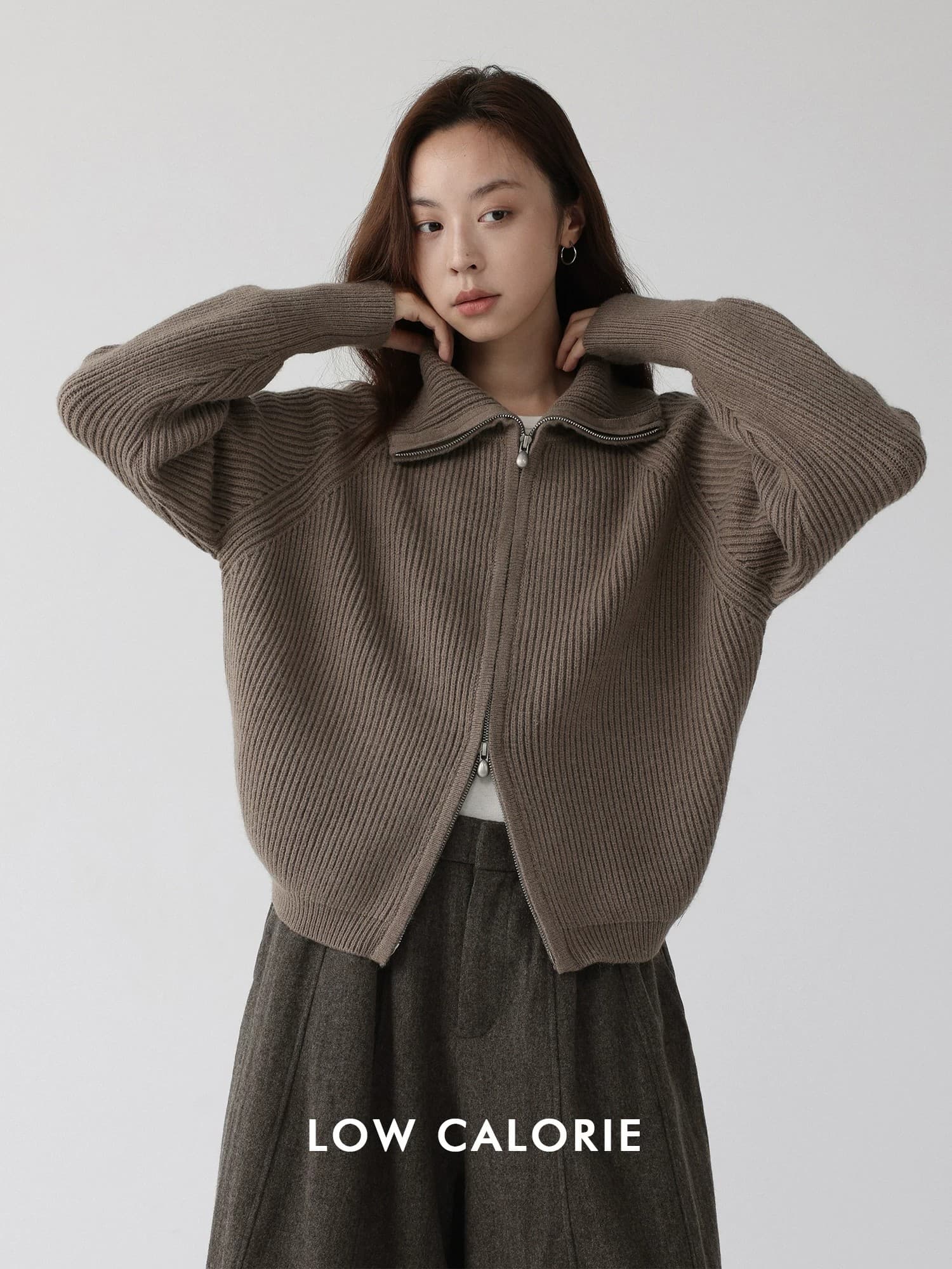 더블 지퍼 스웨터 가을 새로운 출퇴근 루즈핏 단색 스탠드 칼라 오픈 가디건 이미지 2