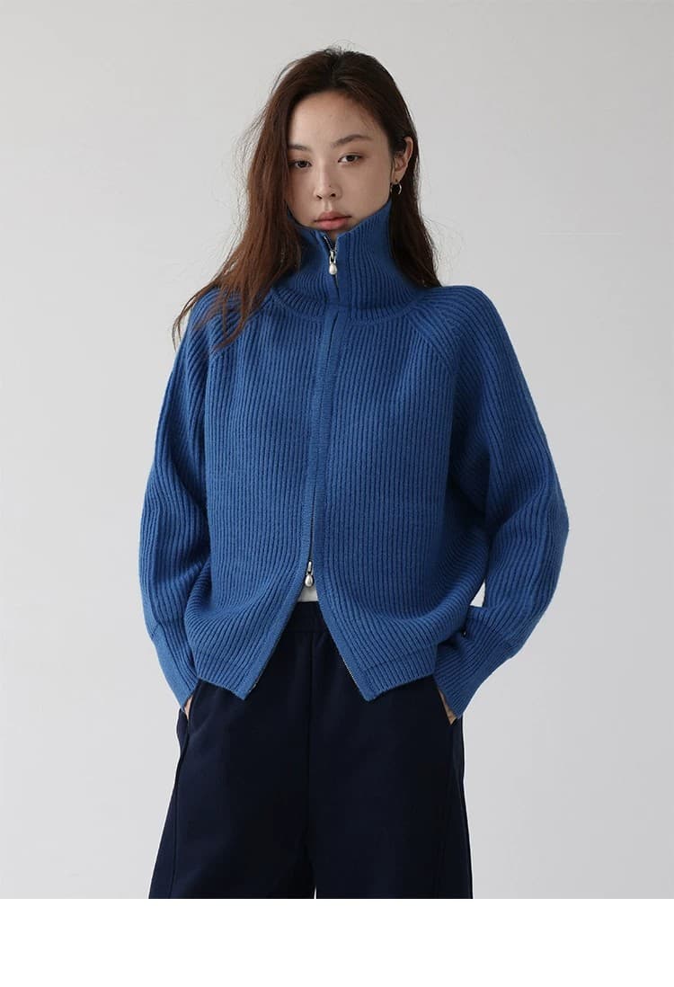 더블 지퍼 스웨터 가을 새로운 출퇴근 루즈핏 단색 스탠드 칼라 오픈 가디건 상세 이미지 10