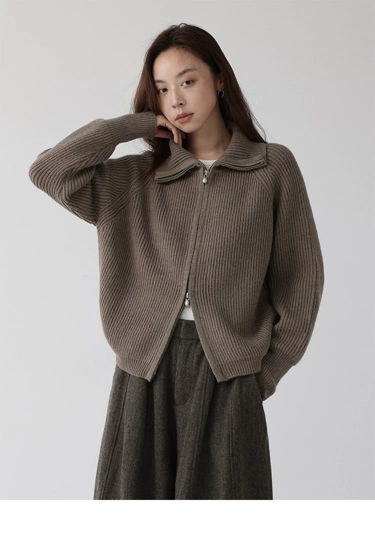 더블 지퍼 스웨터 가을 새로운 출퇴근 루즈핏 단색 스탠드 칼라 오픈 가디건 상세 이미지 14