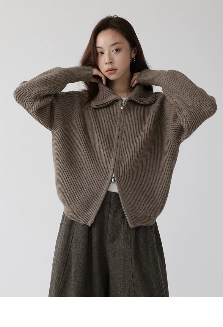 더블 지퍼 스웨터 가을 새로운 출퇴근 루즈핏 단색 스탠드 칼라 오픈 가디건 상세 이미지 15