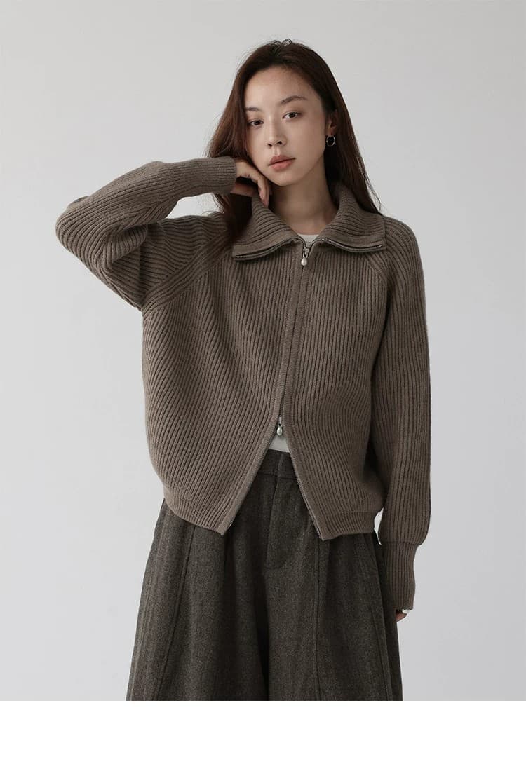 더블 지퍼 스웨터 가을 새로운 출퇴근 루즈핏 단색 스탠드 칼라 오픈 가디건 상세 이미지 17