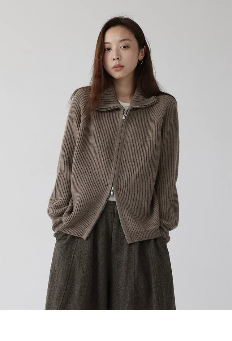 더블 지퍼 스웨터 가을 새로운 출퇴근 루즈핏 단색 스탠드 칼라 오픈 가디건 상세 이미지 20