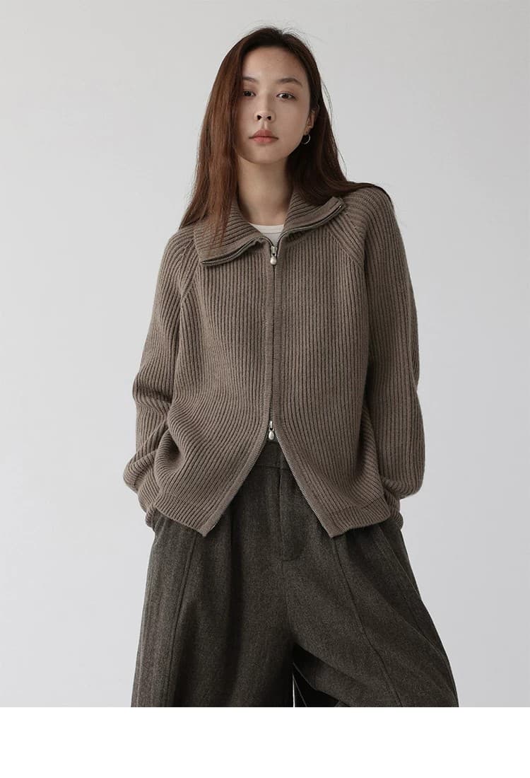더블 지퍼 스웨터 가을 새로운 출퇴근 루즈핏 단색 스탠드 칼라 오픈 가디건 상세 이미지 23