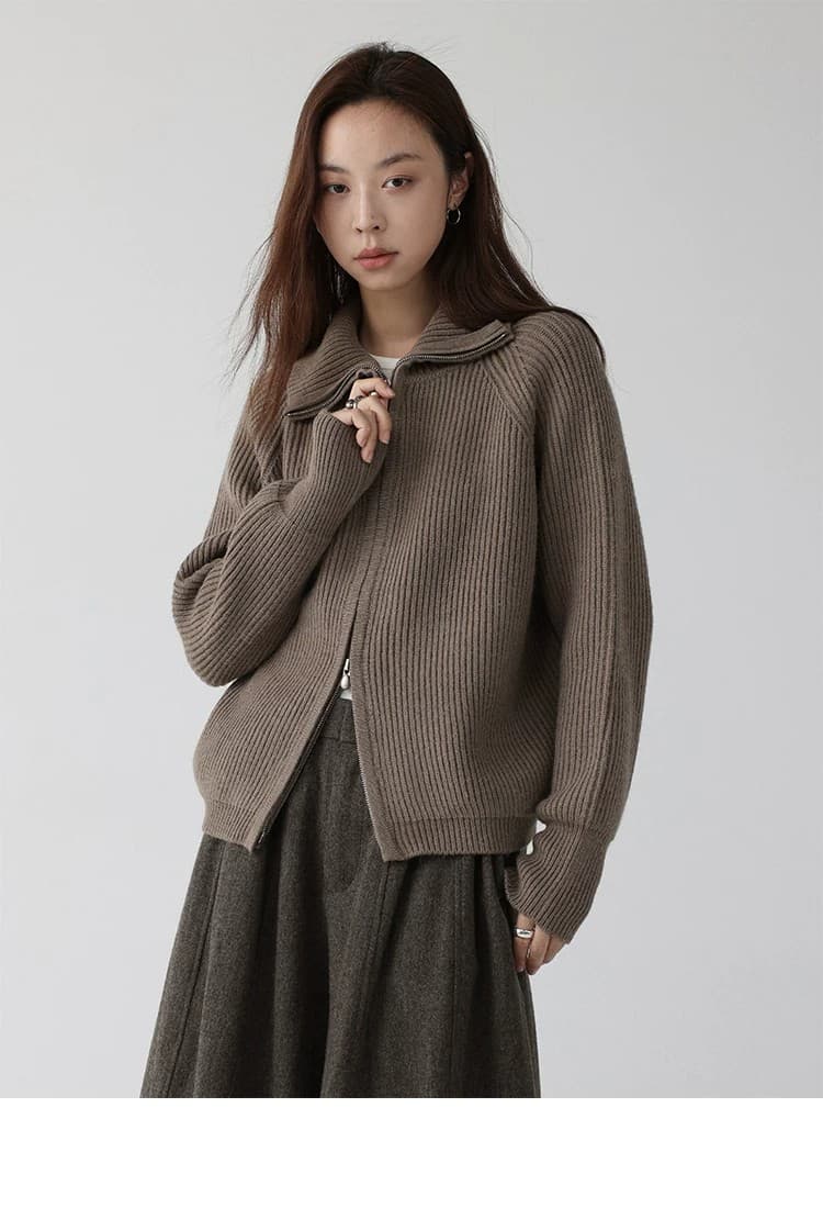 더블 지퍼 스웨터 가을 새로운 출퇴근 루즈핏 단색 스탠드 칼라 오픈 가디건 상세 이미지 24