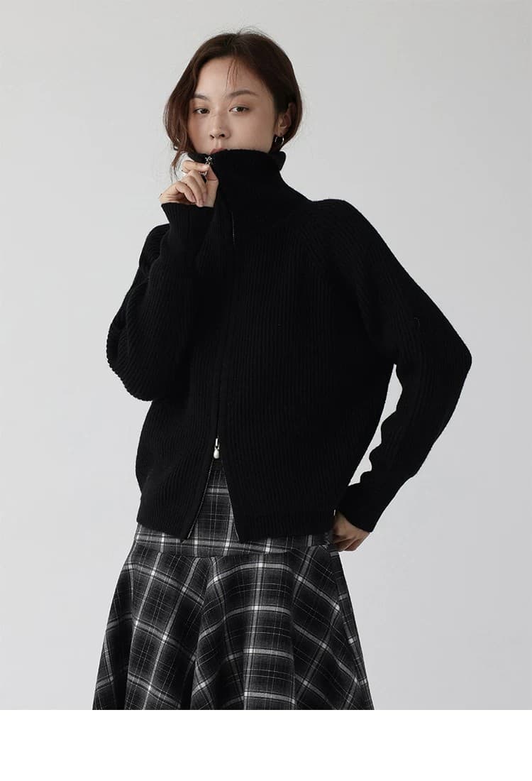 더블 지퍼 스웨터 가을 새로운 출퇴근 루즈핏 단색 스탠드 칼라 오픈 가디건 상세 이미지 25