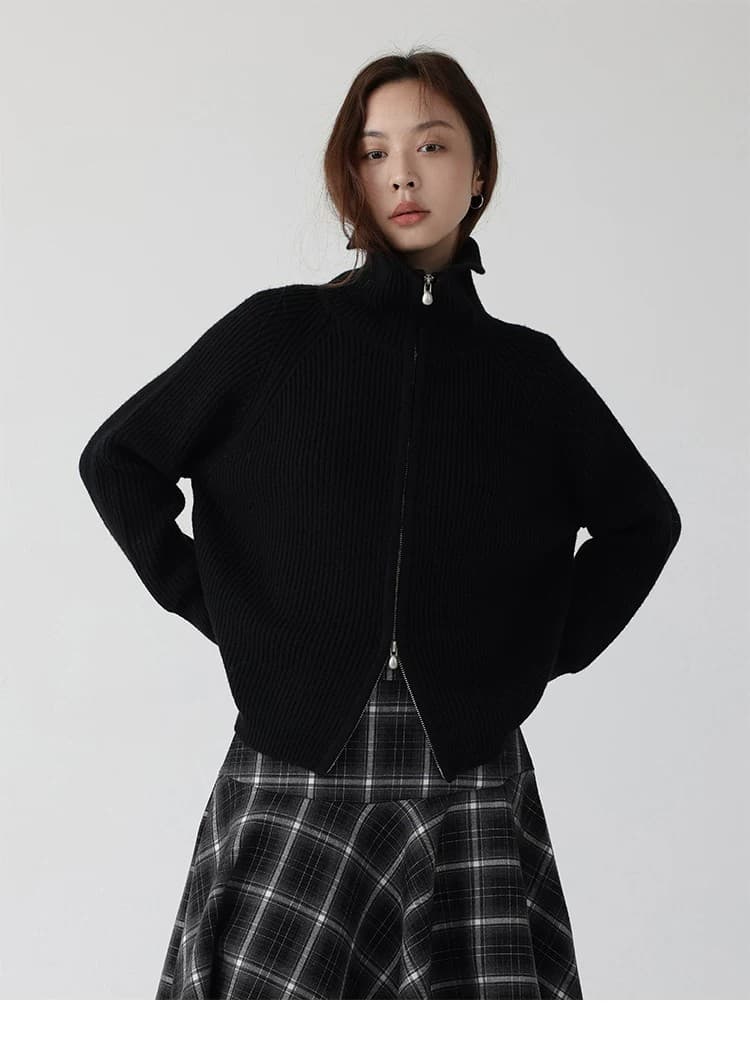 더블 지퍼 스웨터 가을 새로운 출퇴근 루즈핏 단색 스탠드 칼라 오픈 가디건 상세 이미지 34