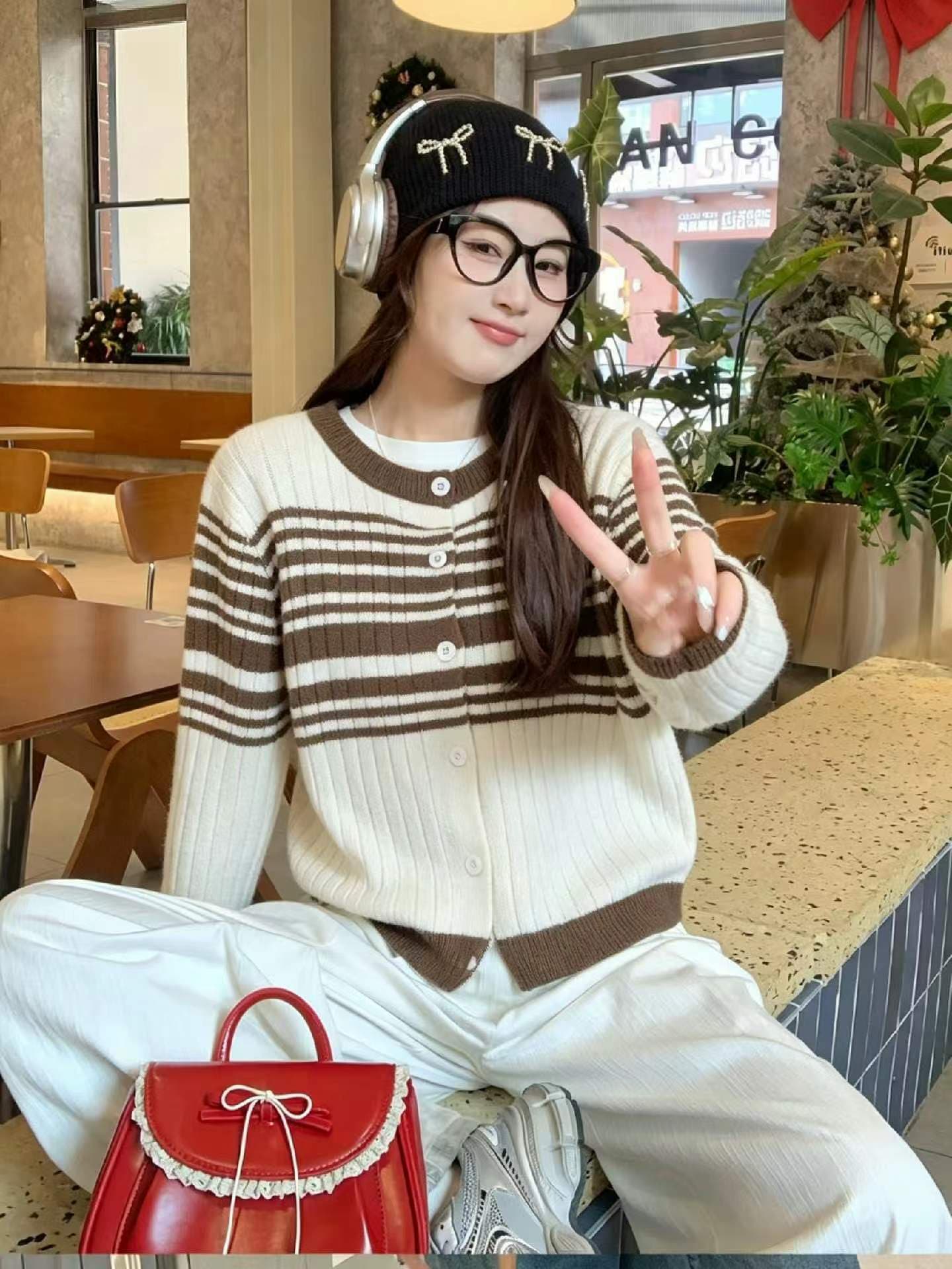 한국 스타일 영국식 바람 배색 스트라이프 스웨터 니트 오픈 가디건 여성 봄 새로운 몸매 가꾸기 라운드 넥 쇼트 스타일 재킷 맨위 상세 이미지 2