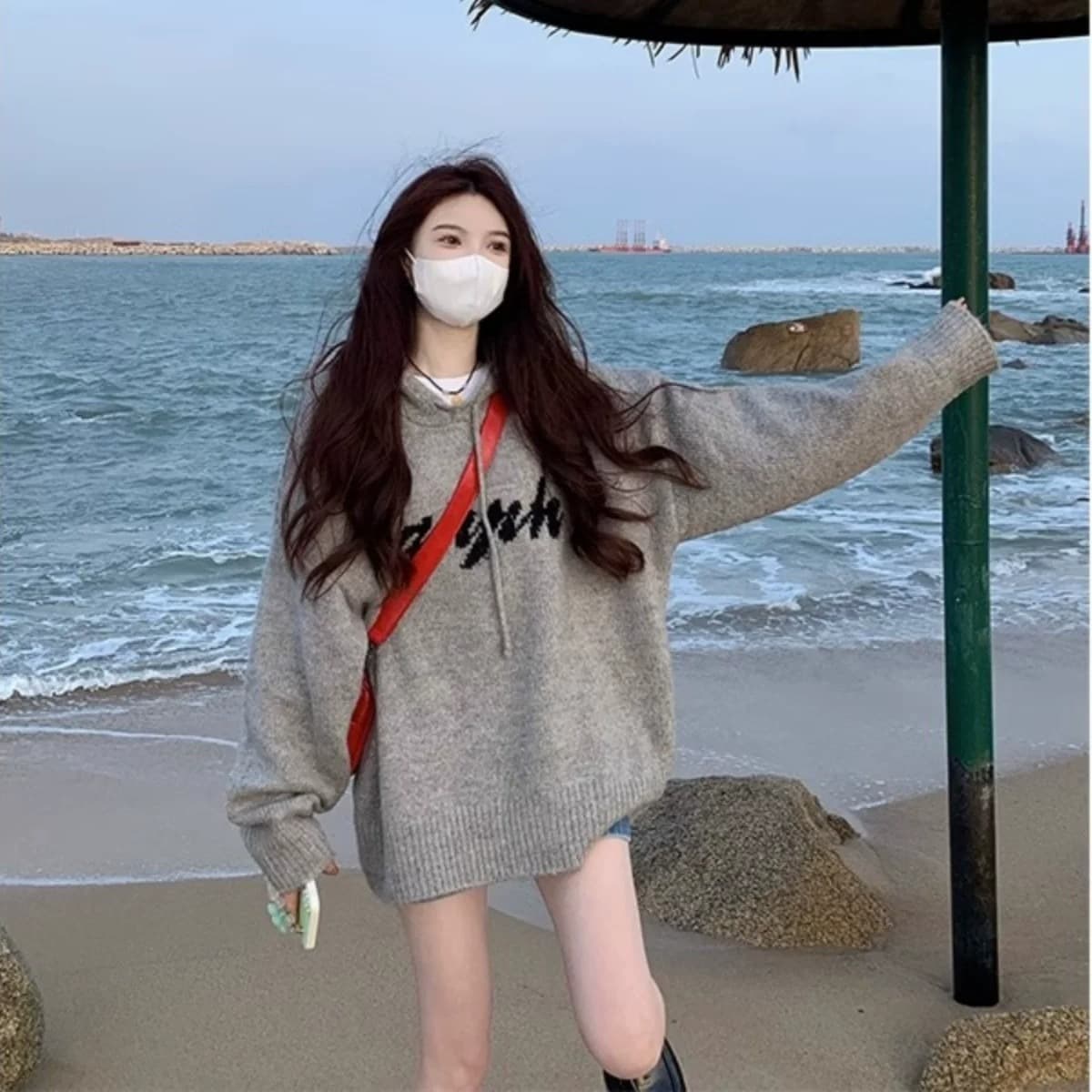 회색 후드 니트 스웨터 후드티 여성 가을 아메리칸 레트로 루즈핏 느긋한 바람을 피우다 롱 코트 스웨터 코트 맨위 이미지 3