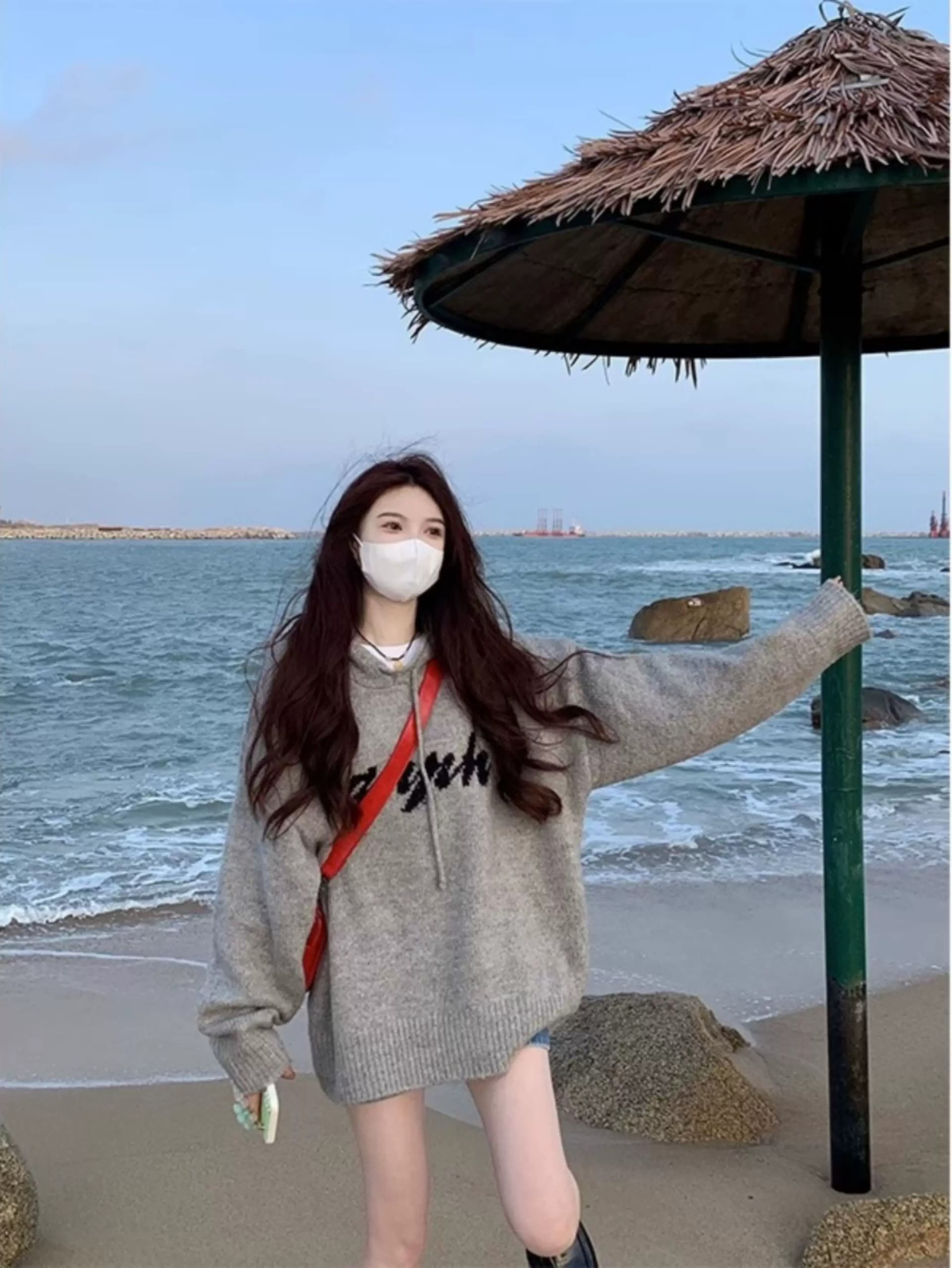 회색 후드 니트 스웨터 후드티 여성 가을 아메리칸 레트로 루즈핏 느긋한 바람을 피우다 롱 코트 스웨터 코트 맨위 상세 이미지 2