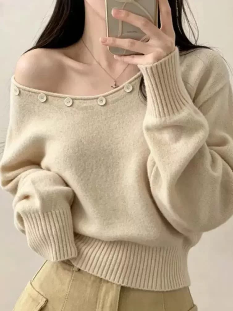 미니멀리즘 고급 센스 비스듬한 칼라 오프숄더 니트 스웨터 여성 2026 년 가을 느긋한 바람 튀김 거리 고유 한 아름다운 작은 맨위 이미지 5