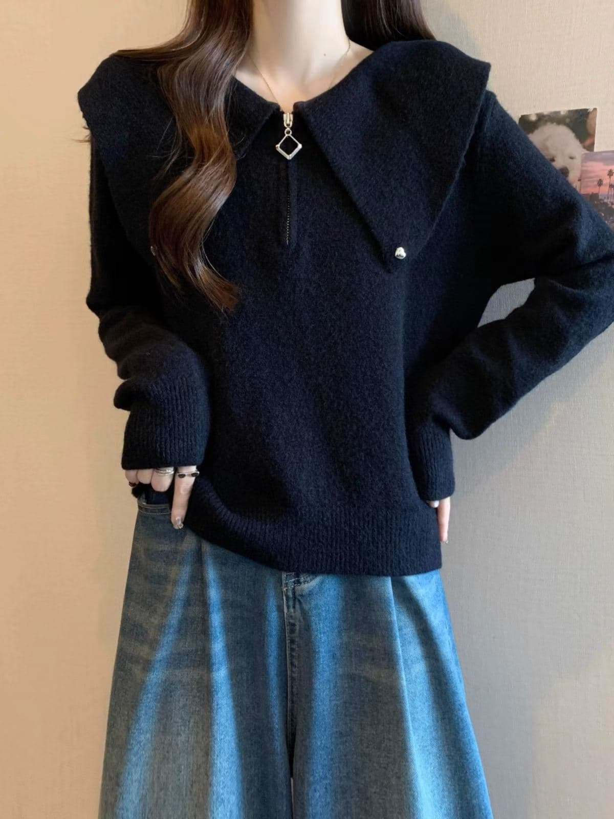 폴로 칼라 회색 스웨터 가을 의상 여자 2026 년 새로운 올해 인기 폭발 인사이드 가져 가라. 만나는 니트 스웨터 맨위 이미지 4