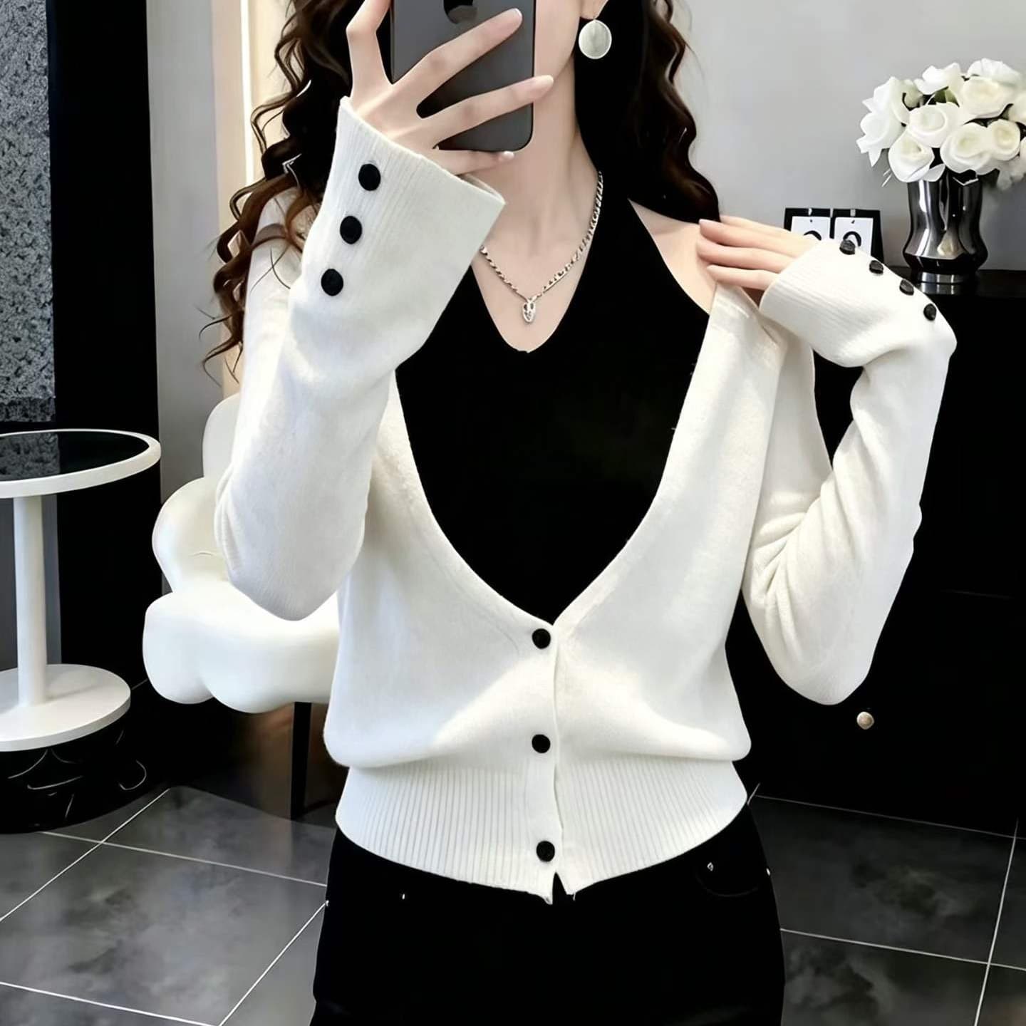 고급 센스 자이언트 잘 생긴 작은 대중 아니요 명중 섹션 맨위 겨울 프랑스식 디자인 센스 페이크 레이어드 행침 목 니트 스웨터 이미지 6