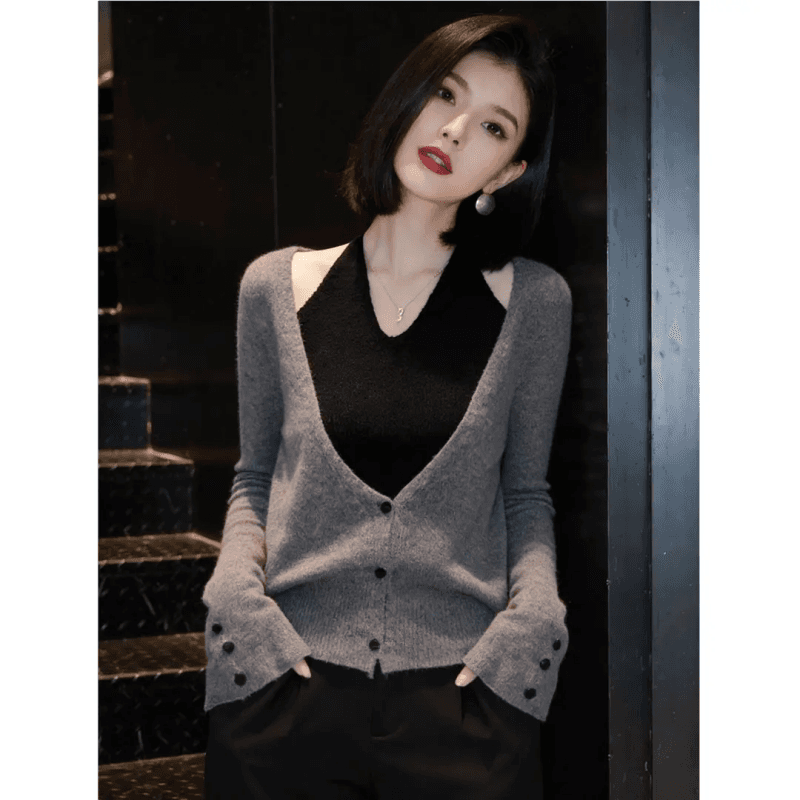 고급 센스 자이언트 잘 생긴 작은 대중 아니요 명중 섹션 맨위 겨울 프랑스식 디자인 센스 페이크 레이어드 행침 목 니트 스웨터 상세 이미지 6