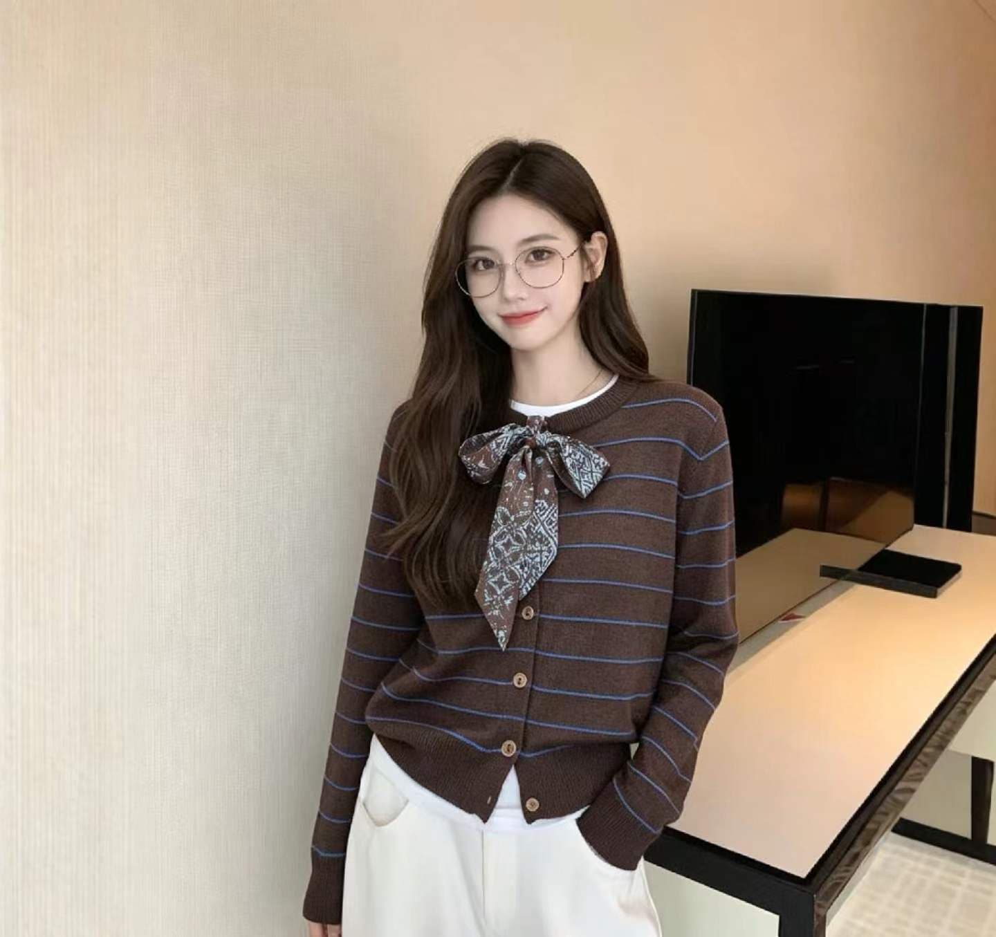 한 부서 디자인 센스 배색 스트라이프 스트랩 니트 오픈 가디건 스웨터 코트 가을 착용 가져 가라. 후드 긴팔 맨위 여성 상세 이미지 1