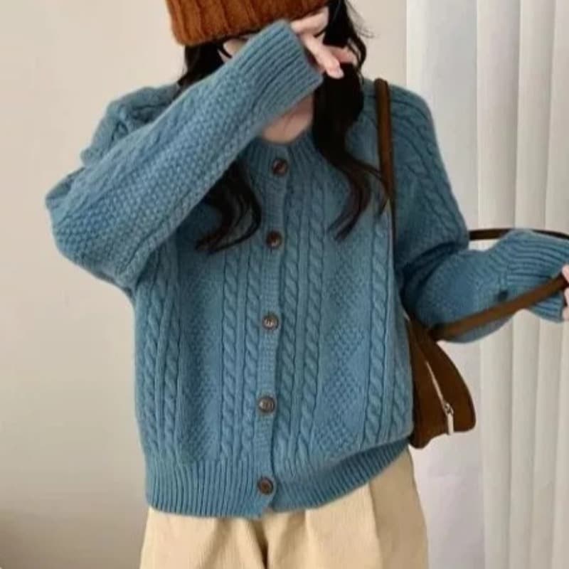 레트로 주황색 꽈배기 스웨터 오픈 가디건 26 가을 겨울 느긋한 바람 라운드 넥 슬림해 보이는 쇼트 스타일 니트 재킷 가을 겨울 새로운 이미지 5