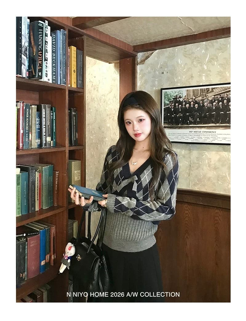 레트로 링 그리드 니트 오픈 가디건 여성 코트 가을 자이언트 잘 생긴 한 부서 스웨터 세트 패션 맨위 상세 이미지 3