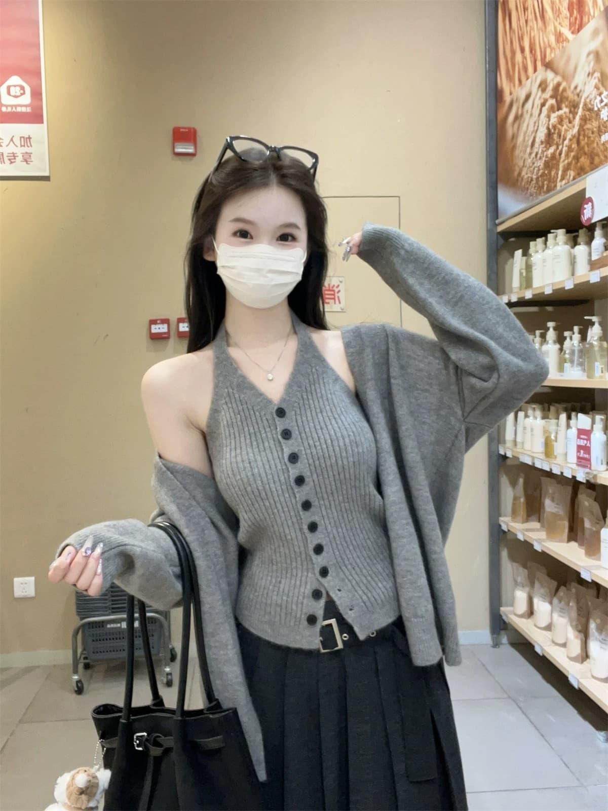 가을 겨울 한국 스타일 품격 행침 목 투피스 세트 북극 플러시 니트 스웨터 스웨터 코트 맨위 여성 상세 이미지 24