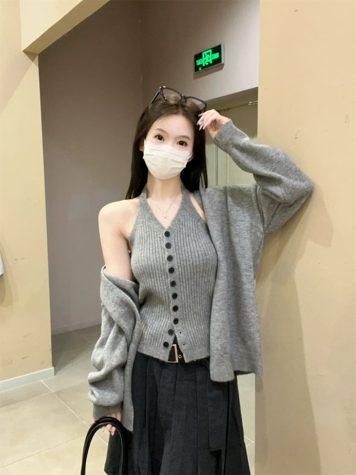 가을 겨울 한국 스타일 품격 행침 목 투피스 세트 북극 플러시 니트 스웨터 스웨터 코트 맨위 여성 상세 이미지 26