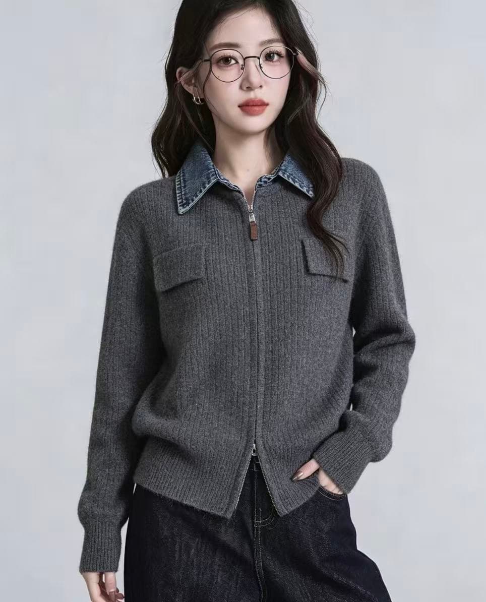 루즈핏 섹션 니트 스웨터 2026 가을 의상 새로운 여성 의류 배색 패치워크 폴로 칼라 지퍼 긴팔 캐주얼 맨위 이미지 3