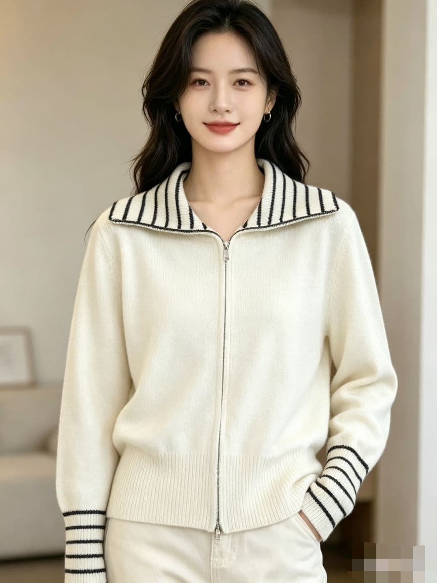 프랑스식 느긋한 바람 스트라이프 폴로 칼라 지퍼 니트 오픈 가디건 여성 커피 색상 스웨터 디자인 센스 맨위 상세 이미지 3
