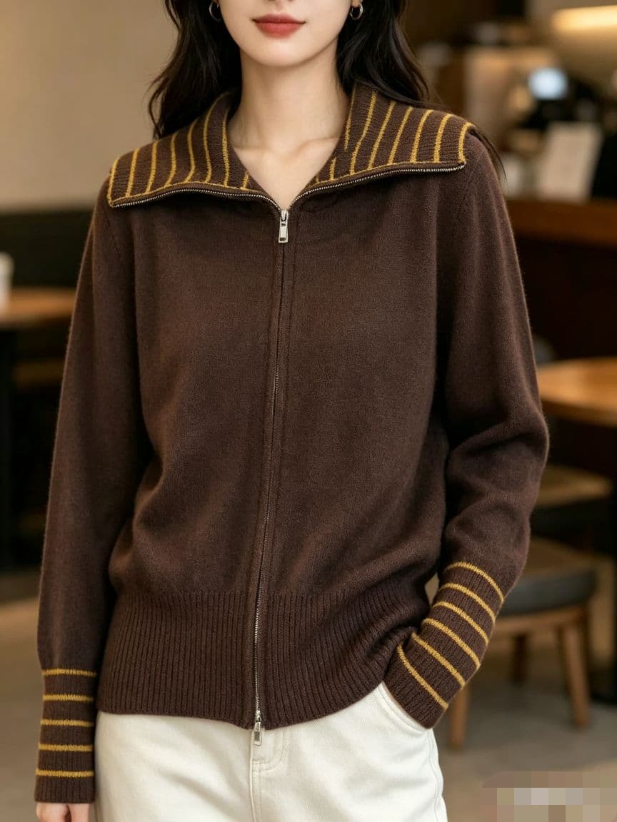 프랑스식 느긋한 바람 스트라이프 폴로 칼라 지퍼 니트 오픈 가디건 여성 커피 색상 스웨터 디자인 센스 맨위 상세 이미지 6