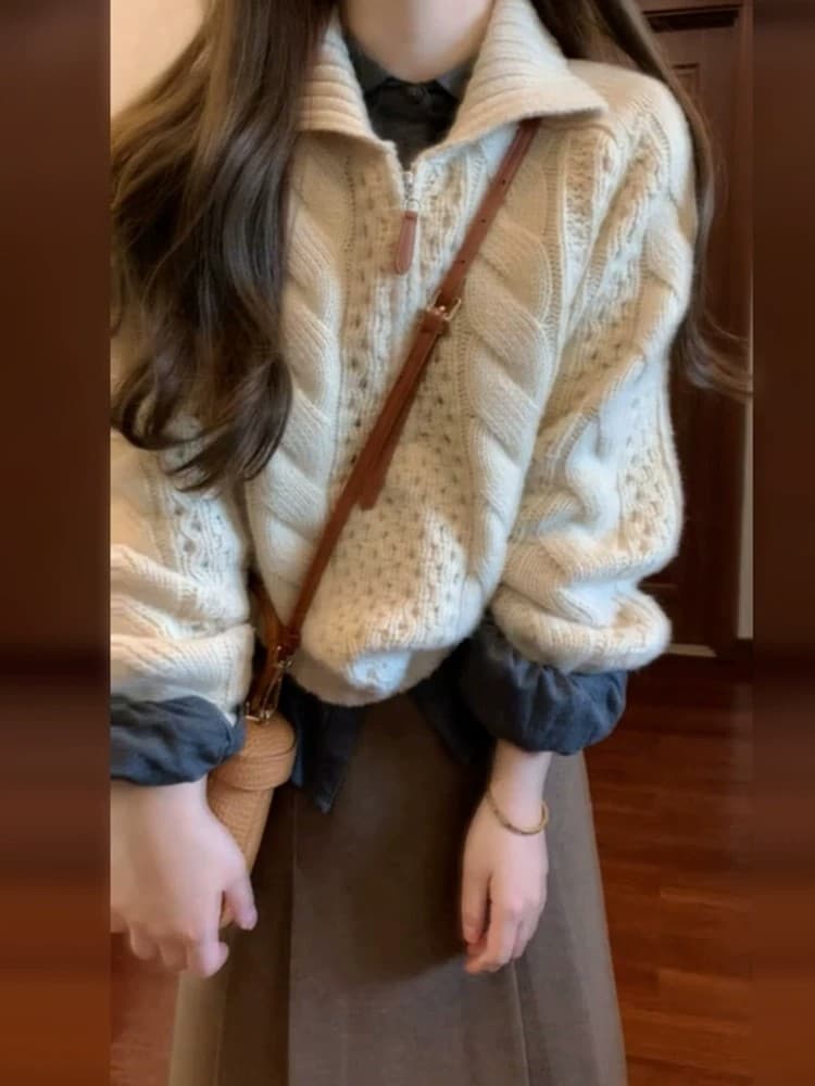 한국 스타일 학원 스타일 폴로 칼라 꽈배기 스웨터 여자 겨울 새로운 느긋한 바람 느슨함 센스 보온 다용도 니트 맨위 이미지 2