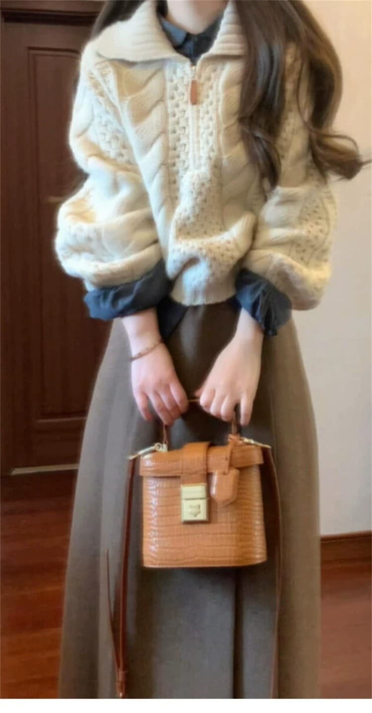 한국 스타일 학원 스타일 폴로 칼라 꽈배기 스웨터 여자 겨울 새로운 느긋한 바람 느슨함 센스 보온 다용도 니트 맨위 상세 이미지 1