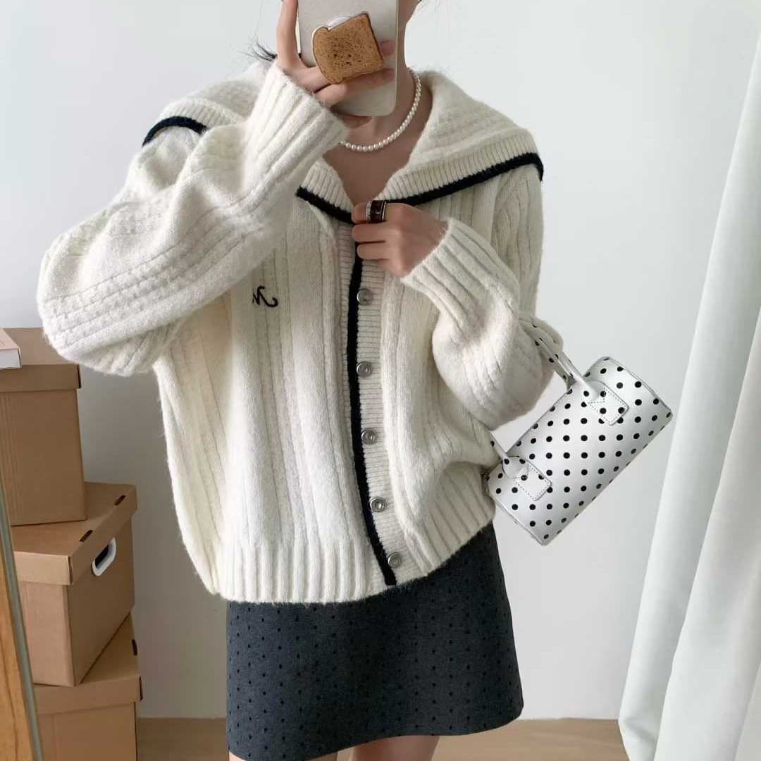 학원 스타일 핑크색 해군 칼라 니트 오픈 가디건 여성 가을 배색 테두리 부드러운 찹쌀 스웨터 오픈 가디건 이미지 3