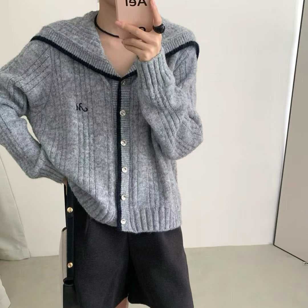 학원 스타일 핑크색 해군 칼라 니트 오픈 가디건 여성 가을 배색 테두리 부드러운 찹쌀 스웨터 오픈 가디건 이미지 2