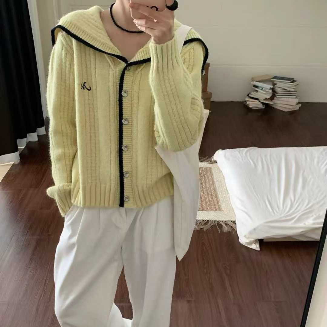 학원 스타일 핑크색 해군 칼라 니트 오픈 가디건 여성 가을 배색 테두리 부드러운 찹쌀 스웨터 오픈 가디건