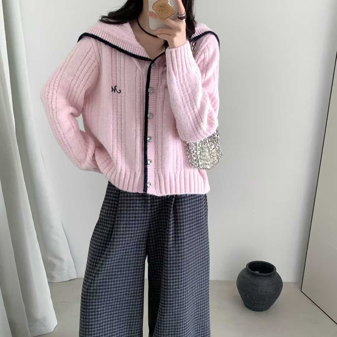 학원 스타일 핑크색 해군 칼라 니트 오픈 가디건 여성 가을 배색 테두리 부드러운 찹쌀 스웨터 오픈 가디건 이미지 5