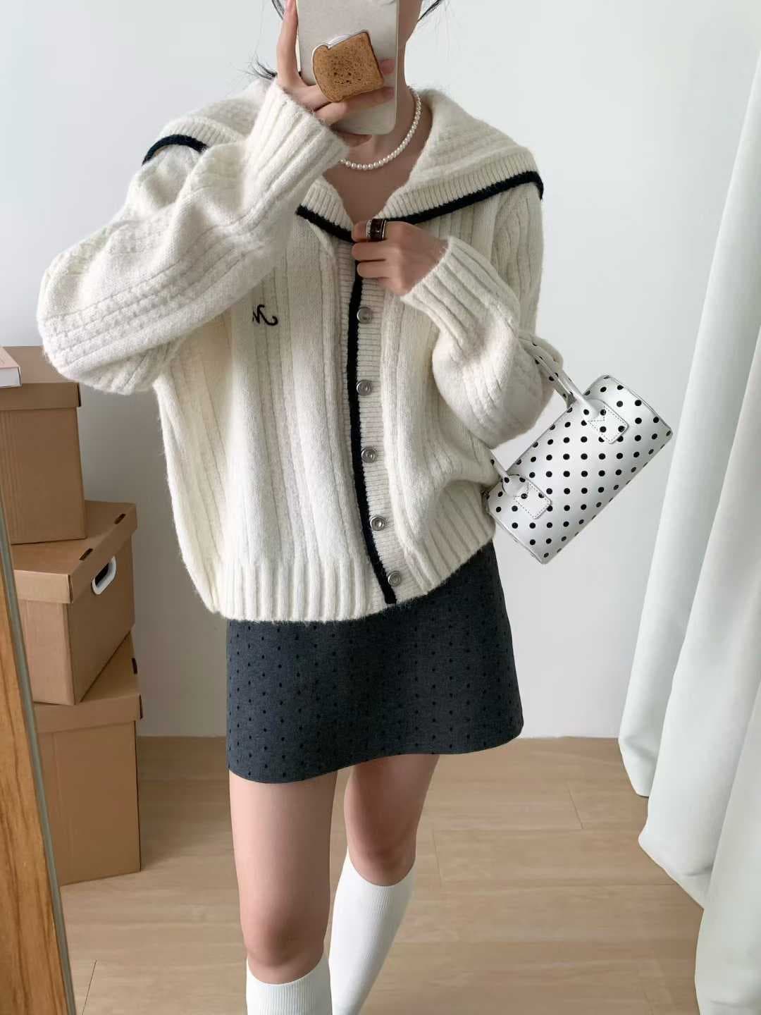학원 스타일 핑크색 해군 칼라 니트 오픈 가디건 여성 가을 배색 테두리 부드러운 찹쌀 스웨터 오픈 가디건 상세 이미지 2