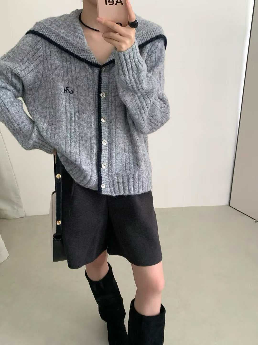 학원 스타일 핑크색 해군 칼라 니트 오픈 가디건 여성 가을 배색 테두리 부드러운 찹쌀 스웨터 오픈 가디건 상세 이미지 3