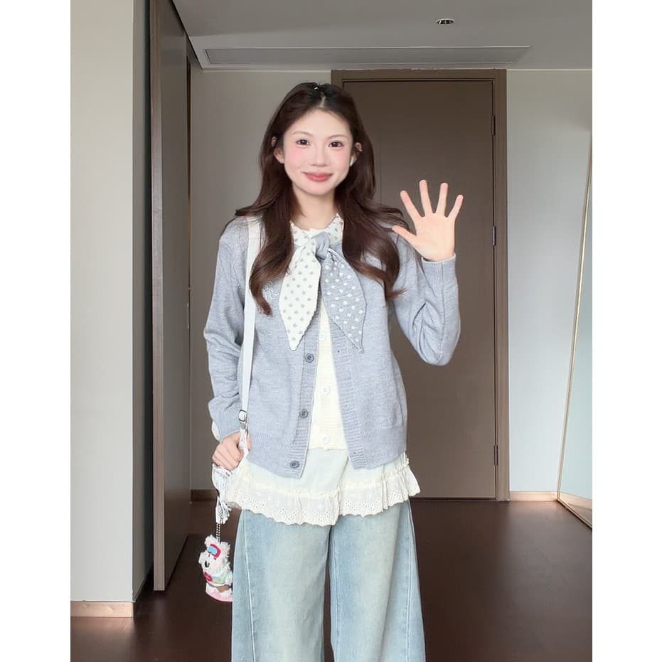 도트 무늬 나비 매듭 니트 오픈 가디건 여성 가을 겨울 슬림해 보이는 느긋한 다용도 부드러운 찹쌀 스웨터 외부 잡아라. 의류 페이크 레이어드 상세 이미지 1