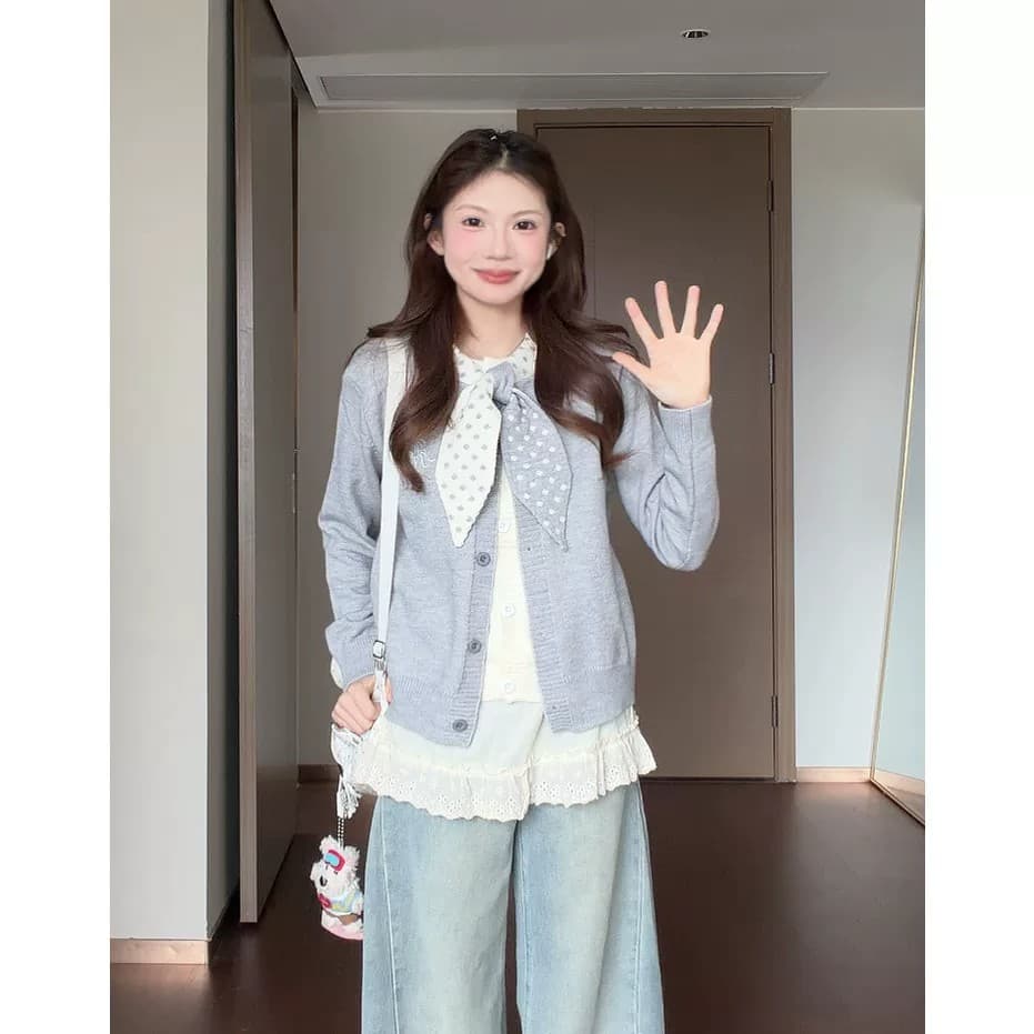 도트 무늬 나비 매듭 니트 오픈 가디건 여성 가을 겨울 슬림해 보이는 느긋한 다용도 부드러운 찹쌀 스웨터 외부 잡아라. 의류 페이크 레이어드 상세 이미지 3