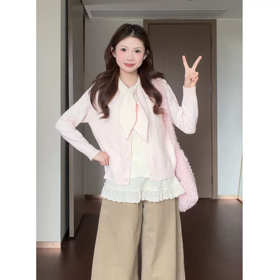 도트 무늬 나비 매듭 니트 오픈 가디건 여성 가을 겨울 슬림해 보이는 느긋한 다용도 부드러운 찹쌀 스웨터 외부 잡아라. 의류 페이크 레이어드 상세 이미지 4