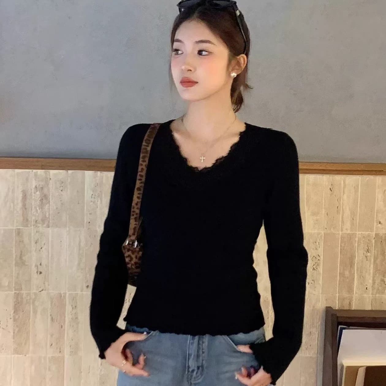 낮음 V넥 레이스 털이 있는 두꺼움 스웨터 여자 인사이드 가져 가라. 기본 셔츠 2026 겨울 새로운 니트 맨위 이미지 5