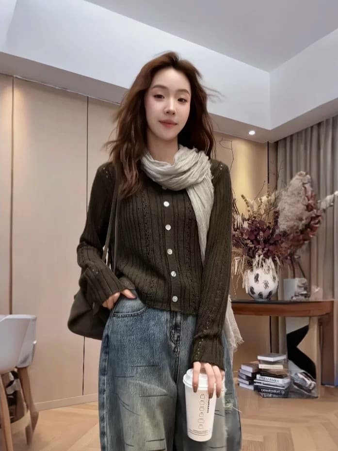 익스트림 제인 바람 녹색 홀로우 아웃 니트 오픈 가디건 여성 초기 가을 새로운 얇은 스타일 고급 센스 자외선 차단 블라우스 긴팔 맨위 상세 이미지 3
