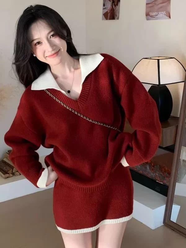 크리스마스 분위기 센스 신년 착용 가져 가라. 빨간색 스웨터 세트 여성 가을 겨울 루즈핏 느긋한 니트 스웨터 미니 스커트 투피스 세트 이미지 3