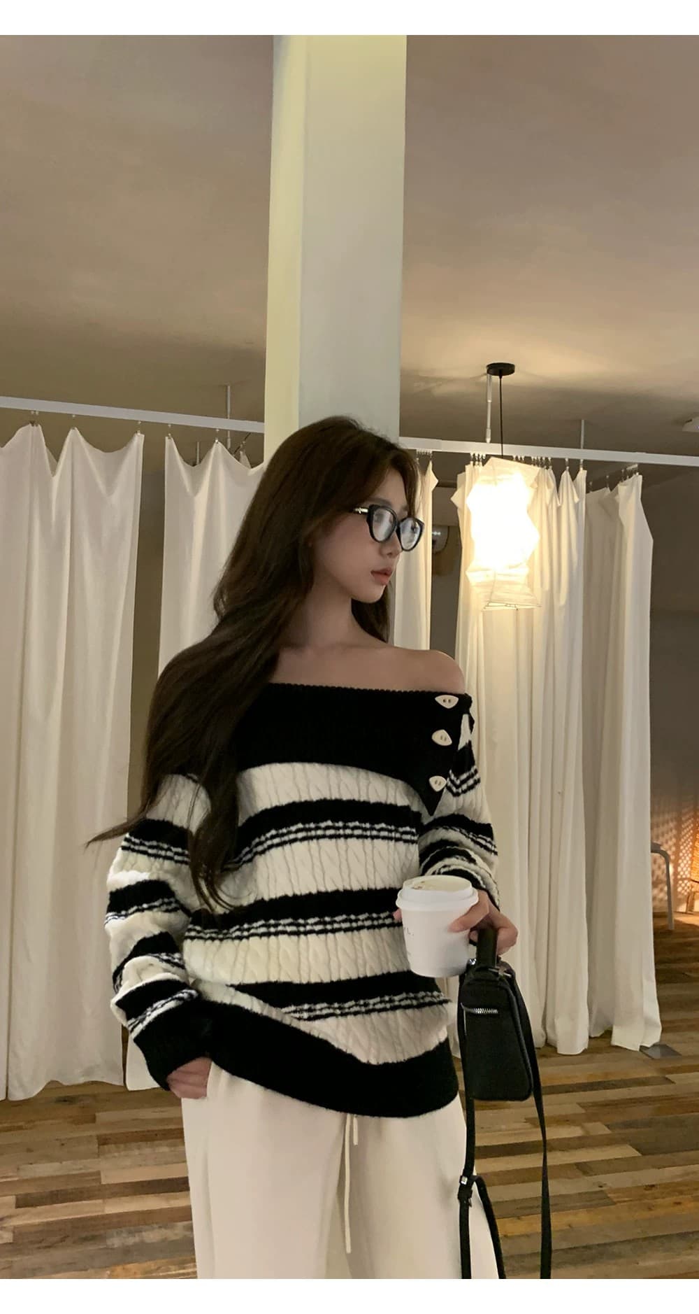 스웨터 여자 가을 겨울 2026 새로운 루즈핏 느긋한 오프숄더 오프숄더 맨위 풀오버 스트라이프 니트 스웨터 상세 이미지 6