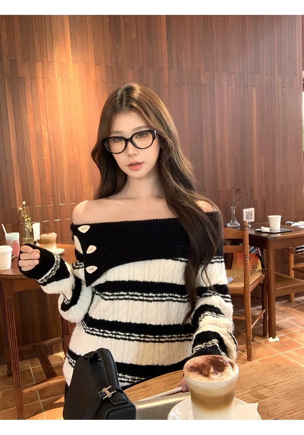 스웨터 여자 가을 겨울 2026 새로운 루즈핏 느긋한 오프숄더 오프숄더 맨위 풀오버 스트라이프 니트 스웨터 상세 이미지 14