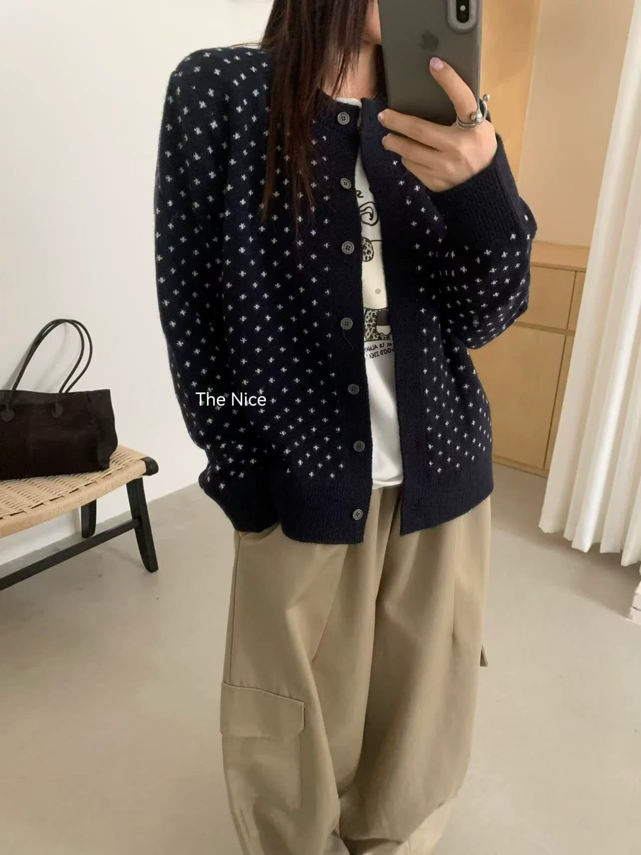 배색 라운드 넥 자카드 니트 오픈 가디건 여성 이른 가을 느긋한 달콤한 스타일 미니멀리즘 다용도 맨위 재킷