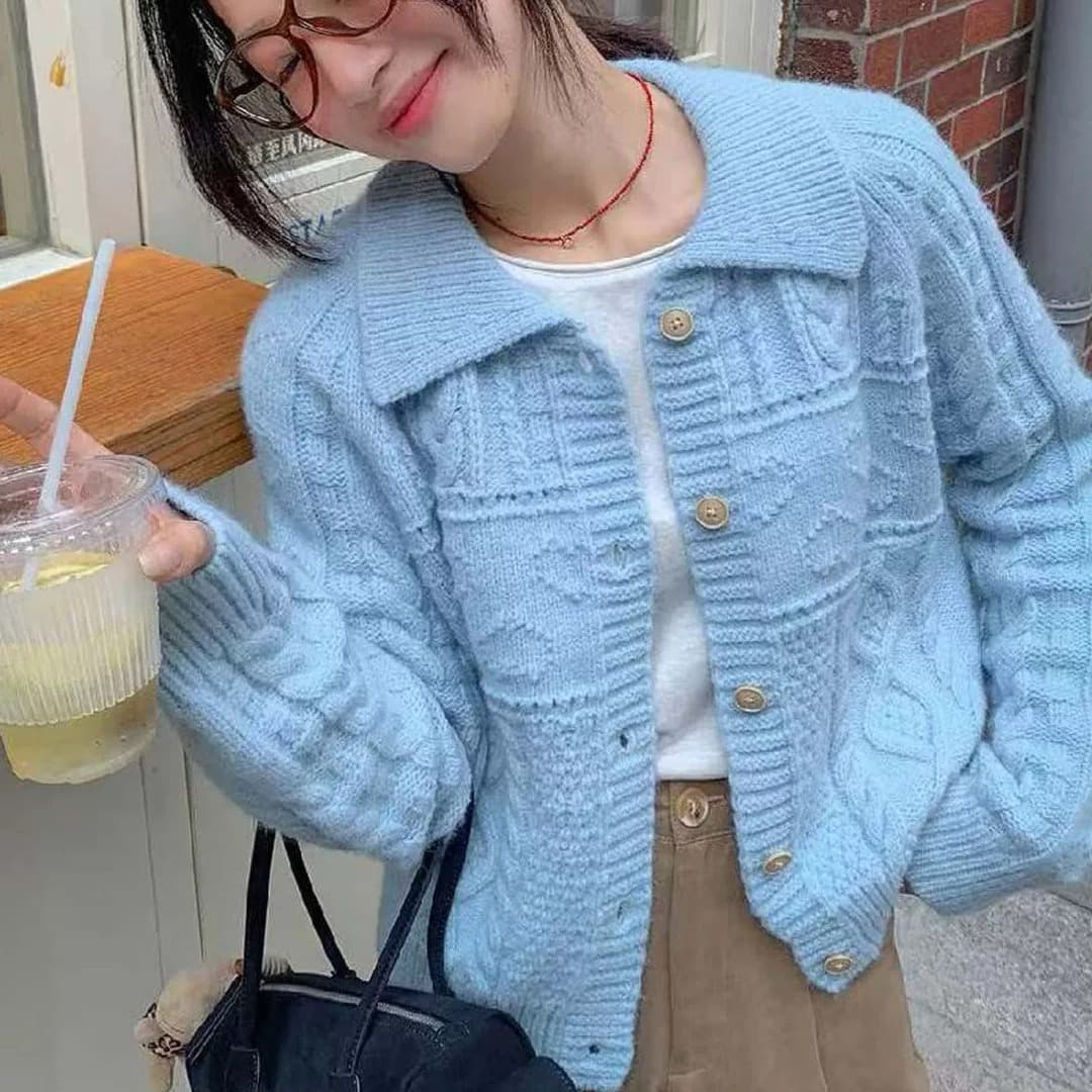 한 부서 다용도 미니멀리즘 느긋한 바람 폴로 칼라 니트 오픈 가디건 여성 단색 단추 스웨터 코트 작은 키 슬림해 보이는 여성 이미지 6